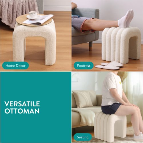 Taburet Boucle Navaris, 41x35x43 cm, scaunel pufos, design versatil, crem/alb, MDF/lemn