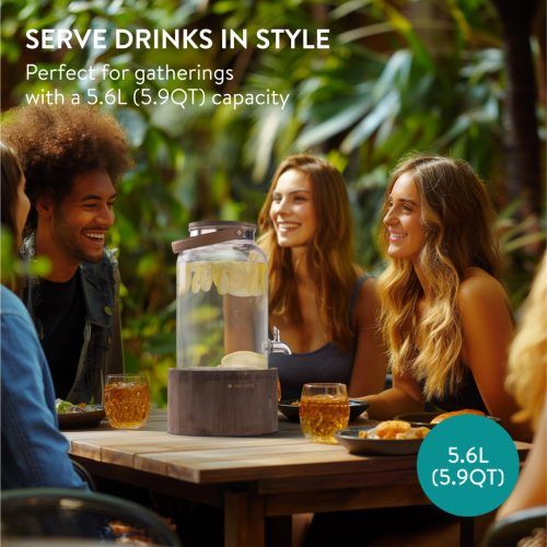 Dozator bauturi Navaris, 5.6L, cu maner piele si suport lemn, robinet inox, NAV000017YH002C