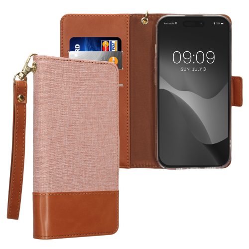 Kwmobile калъф за Apple iPhone 15 Pro, светло розов/кафяв, текстил/силикон, KWM000022RL001C