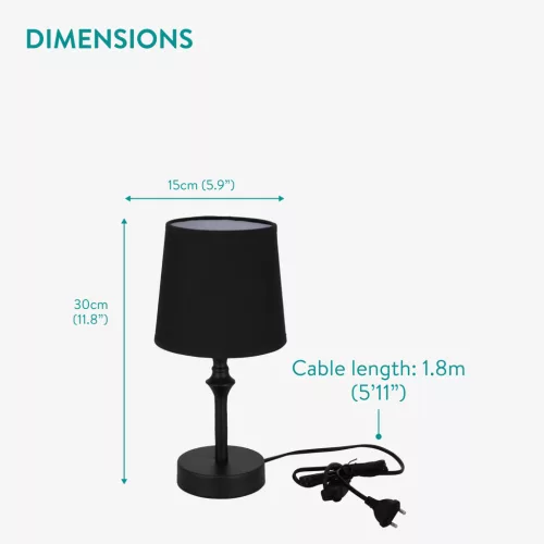 Lampa de masa Navaris, E27, abajur textil, 30 cm, cablu 1.8 m, baza metalica, negru, textil