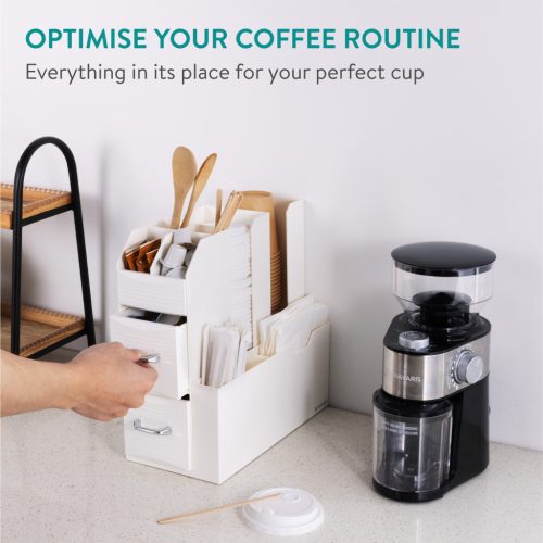 Organizator accesorii cafea Navaris, cu sertare, 31.5x13.7x28.7 cm, alb, plastic