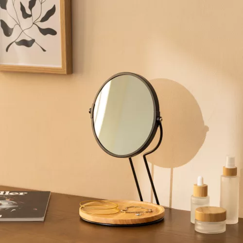 Oglinda cosmetica Navaris cu tava bijuterii, 2x marire, 29x17 cm, masa machiaj, negru, sticla/metal