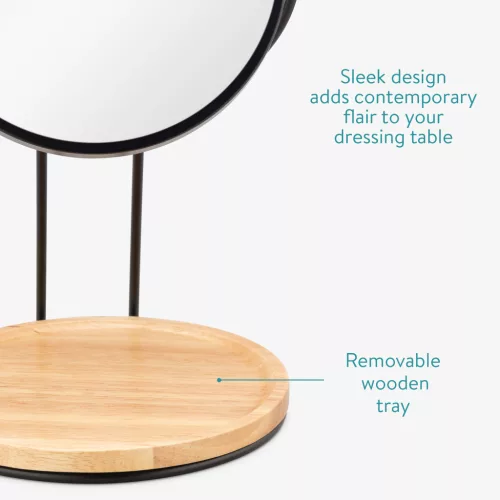 Oglinda cosmetica Navaris cu tava bijuterii, 2x marire, 29x17 cm, masa machiaj, negru, sticla/metal