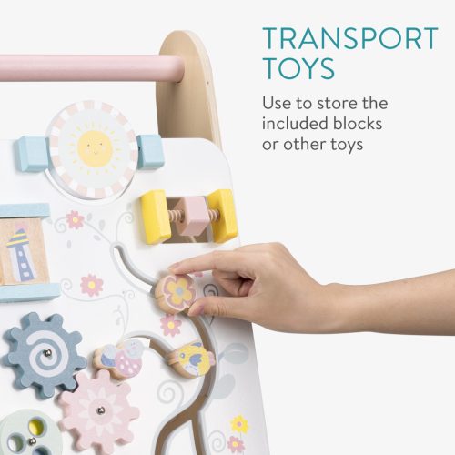 Mersulet din lemn Navaris, centru activitati, compartiment depozitare, roti cauciuc, bej, cauciuc/lemn