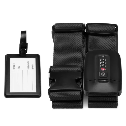 Колан за багаж Navaris с катинар и етикет ID, регулируема дължина 400x5 см, черен, 51357.01