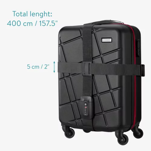 Колан за багаж Navaris с катинар и етикет ID, регулируема дължина 400x5 см, черен, 51357.01