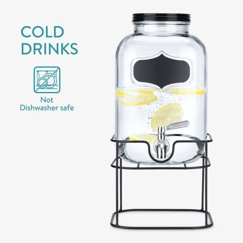 Dozator bauturi Navaris cu suport metalic negru, 5L, cu robinet inox, sticla, 59968.01