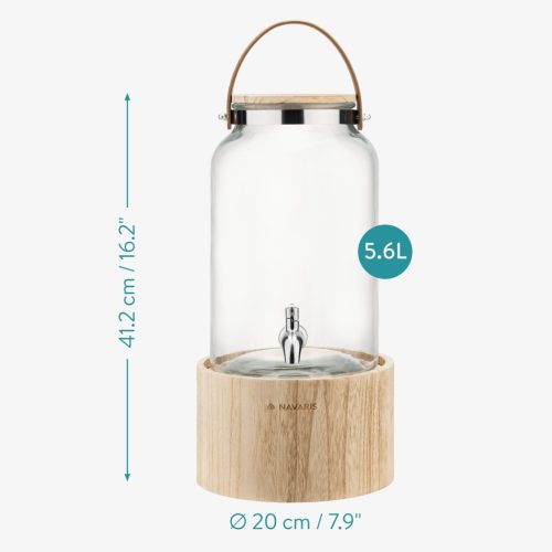 Dozator bauturi Navaris cu suport din lemn, 5.6L, cu robinet inox, elegant, sticla, 60333.01