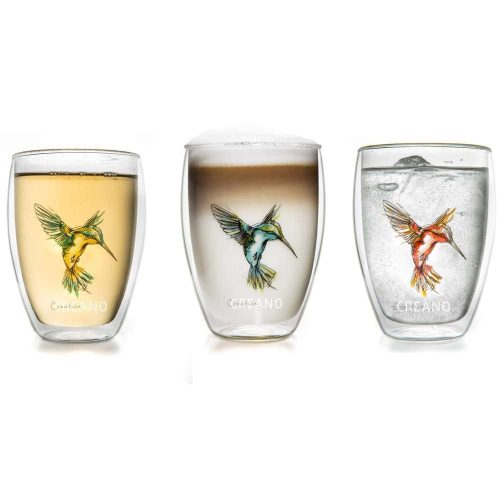 Set 6 pahare termice Creano Hummi, 250 ml, sticla borosilicata, perete dublu, decor colibri