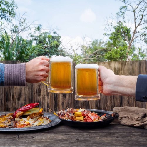 Halba termica Creano pentru bere, 500 ml, sticla borosilicata, perete dublu, cu maner