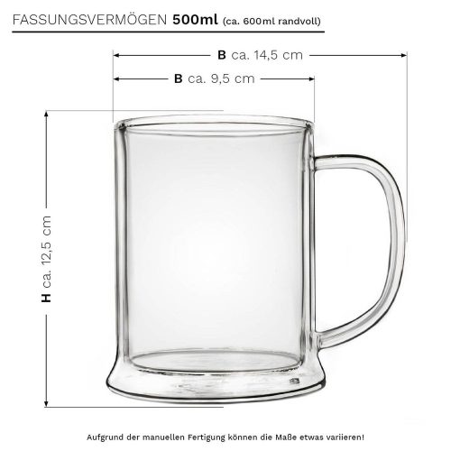 Halba termica Creano pentru bere, 500 ml, sticla borosilicata, perete dublu, cu maner