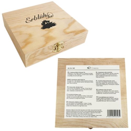 Подаръчен комплект Creano ErbluhTee в дървена кутия с магнитно затваряне, 12 топки цъфтящ чай, 9 разновидности