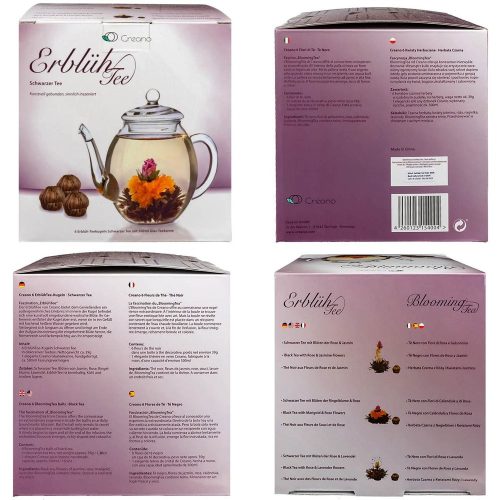 Подаръчен комплект Creano ErbluhTee Mix, стъклен чайник 500 мл и 6 топки цъфтящ черен чай, 3 разновидности