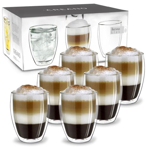 Set 6 pahare termice XXL Creano, 400 ml, sticla borosilicata, perete dublu, pentru latte