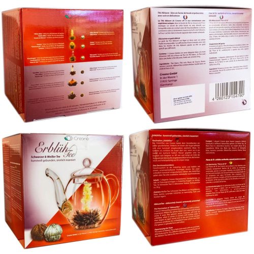 Подаръчен комплект цъфтящ чай Creano ErbluhTee, 6 сфери, бял/черен чай, чайник 500 мл