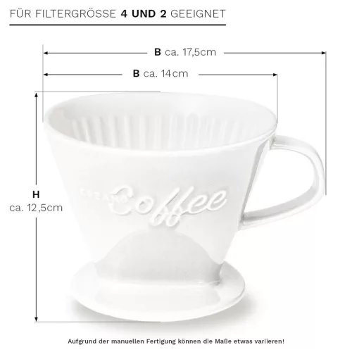 Filtru cafea Creano din portelan, marimea 4, pentru filtre 1x4, baza stabila, alb