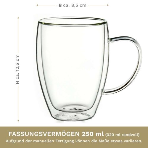 Set 4 cani termice Creano cu maner, 250 ml, sticla borosilicata, perete dublu