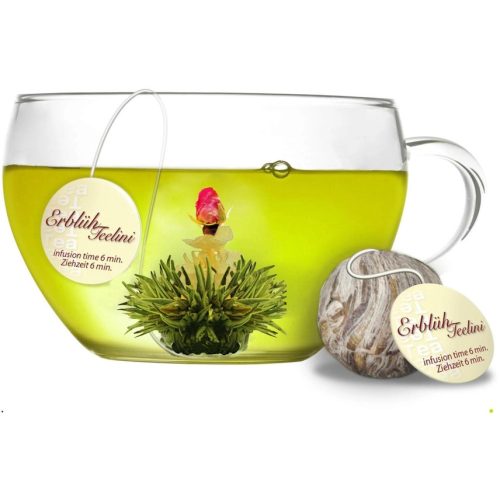 Подаръчен комплект цъфтящ чай Creano Teelini, стъклена чаша 200 мл с капак, 8 пакетчета зелен чай