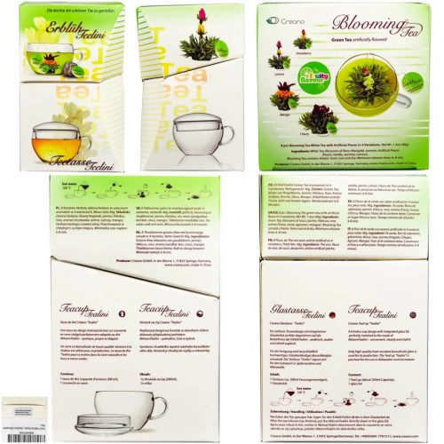 Подаръчен комплект цъфтящ чай Creano Teelini, стъклена чаша 200 мл с капак, 8 пакетчета зелен чай