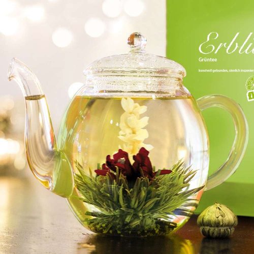 Подаръчен комплект цъфтящ чай Creano ErbluhTeelini, 12 топки, 4 разновидности, зелен чай, дървена кутия