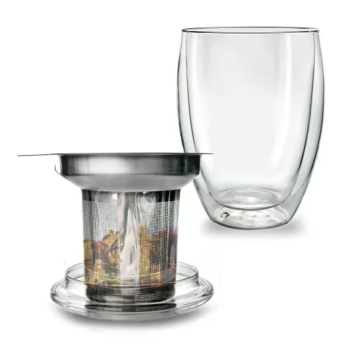Pahar termic pentru ceai Creano, 400 ml, perete dublu, cu infuzor din inox si capac
