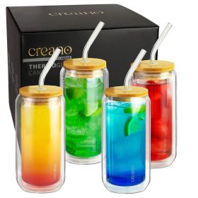   Set 4 pahare Creano, 360 ml, perete dublu, cu capac din bambus si pai, pentru smoothie si bubble tea