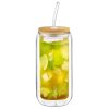 Set 4 pahare Creano, 360 ml, perete dublu, cu capac din bambus si pai, pentru smoothie si bubble tea