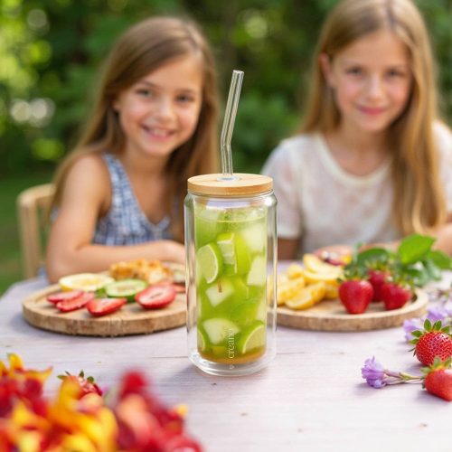 Set 4 pahare Creano, 360 ml, perete dublu, cu capac din bambus si pai, pentru smoothie si bubble tea