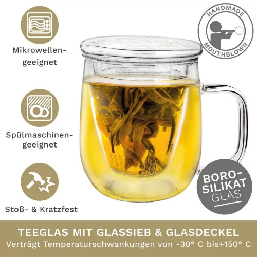 Cana pentru ceai Creano, 450 ml, sticla borosilicata, cu infuzor si capac din sticla