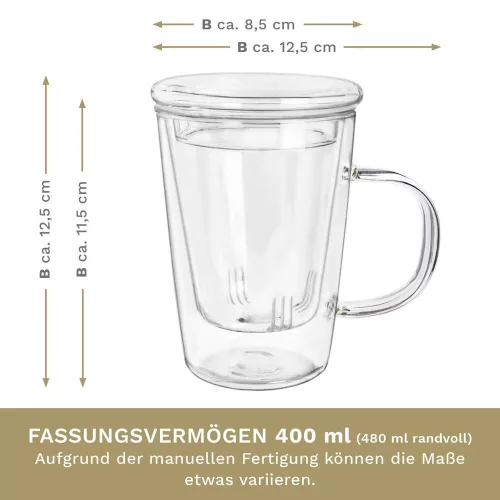 Cana pentru ceai Creano, 400 ml, sticla borosilicata, cu infuzor si capac din sticla