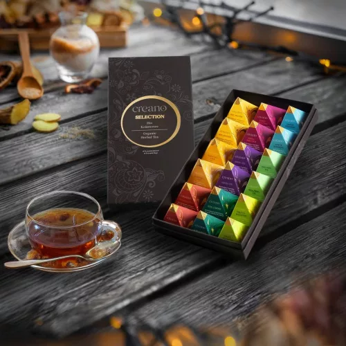 Подаръчен комплект билков чай Creano Organic Herbal Tea, 18 пирамидални пакетчета с 9 разновидности, 45 г, без кофеин