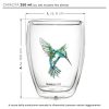 Pahar termic Creano Hummi, 250 ml, sticla borosilicata, perete dublu, decor colibri albastru