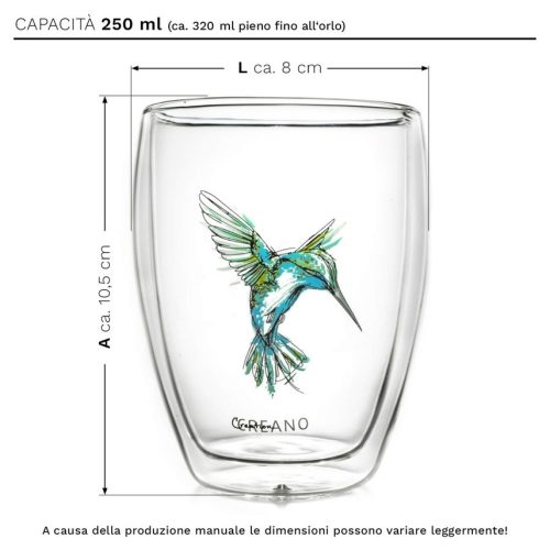 Pahar termic Creano Hummi, 250 ml, sticla borosilicata, perete dublu, decor colibri albastru