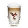 Pahar termic Creano Hummi, 250 ml, sticla borosilicata, perete dublu, decor colibri rosu
