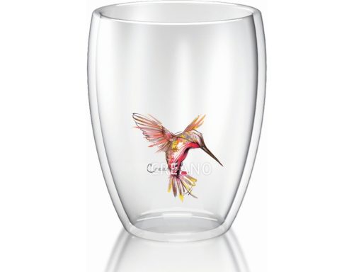 Pahar termic Creano Hummi, 250 ml, sticla borosilicata, perete dublu, decor colibri rosu