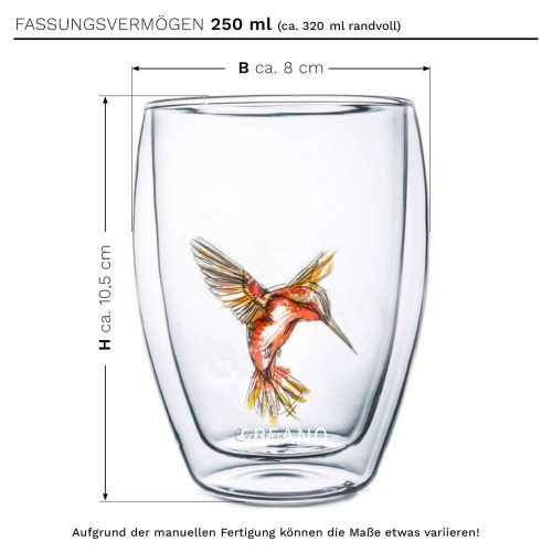 Pahar termic Creano Hummi, 250 ml, sticla borosilicata, perete dublu, decor colibri rosu