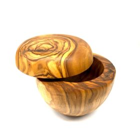   Съд за сол от маслиново дърво с капак и лъжичка, за сервиране на масата