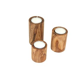   Комплект 3 поставки за чаени свещи от маслиново дърво, 6/8/10 см, диаметър 5,5 см