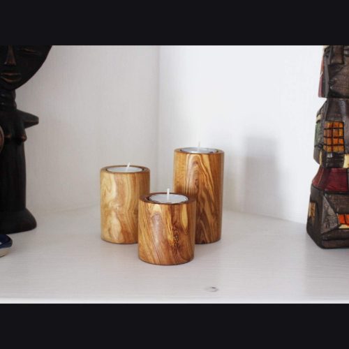 Комплект 3 поставки за чаени свещи от маслиново дърво, 6/8/10 см, диаметър 5,5 см