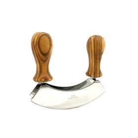   Нож mezzaluna за накълцване, дръжки от маслиново дърво, двойно острие от неръждаема стомана, ширина 13 см