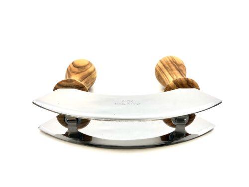 Нож mezzaluna за накълцване, дръжки от маслиново дърво, двойно острие от неръждаема стомана, ширина 13 см