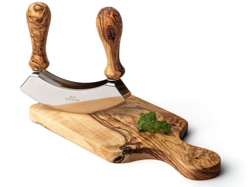 Нож mezzaluna за накълцване, дръжки от маслиново дърво, двойно острие от неръждаема стомана, ширина 13 см