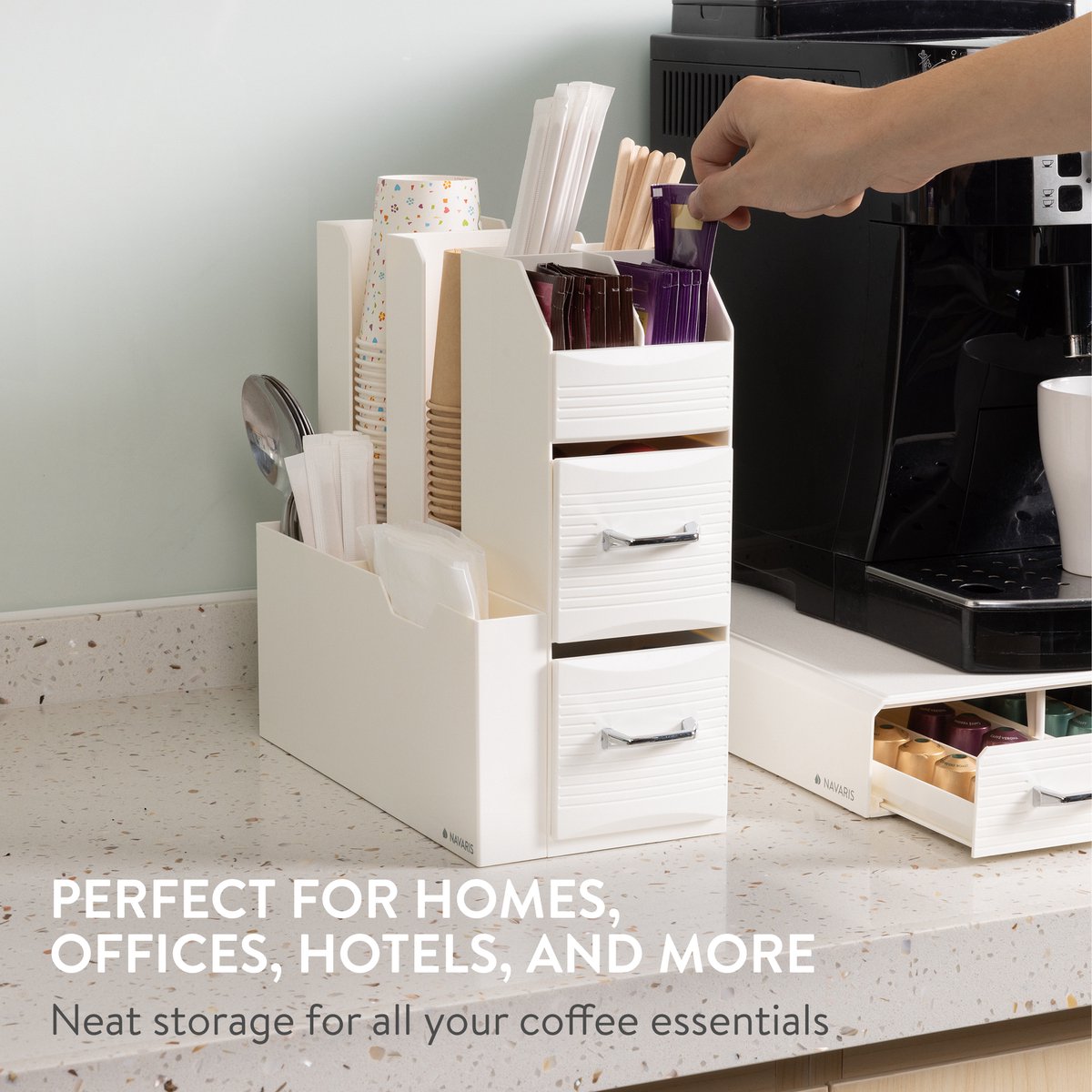 Set suport aparat cafea, 3 sertare pentru 48 capsule Nespresso si organizator 2 sertare pentru consumabile Navaris, alb