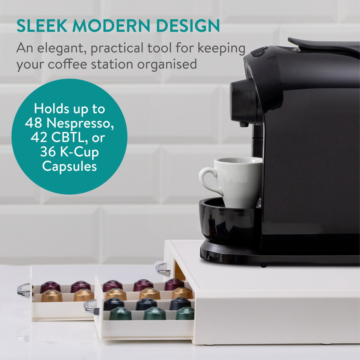 Set suport aparat cafea, 3 sertare pentru 48 capsule Nespresso si organizator 2 sertare pentru consumabile Navaris, alb