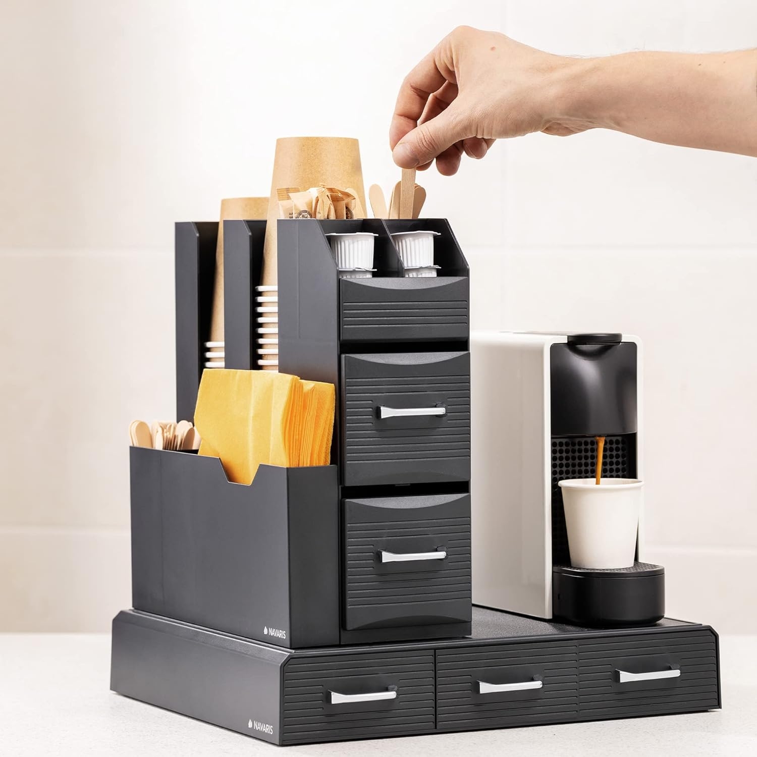 Стойка за кафемашина с 3 чекмеджета за 48 капсули Nespresso и органайзер с 2 чекмеджета за аксесоари, черен